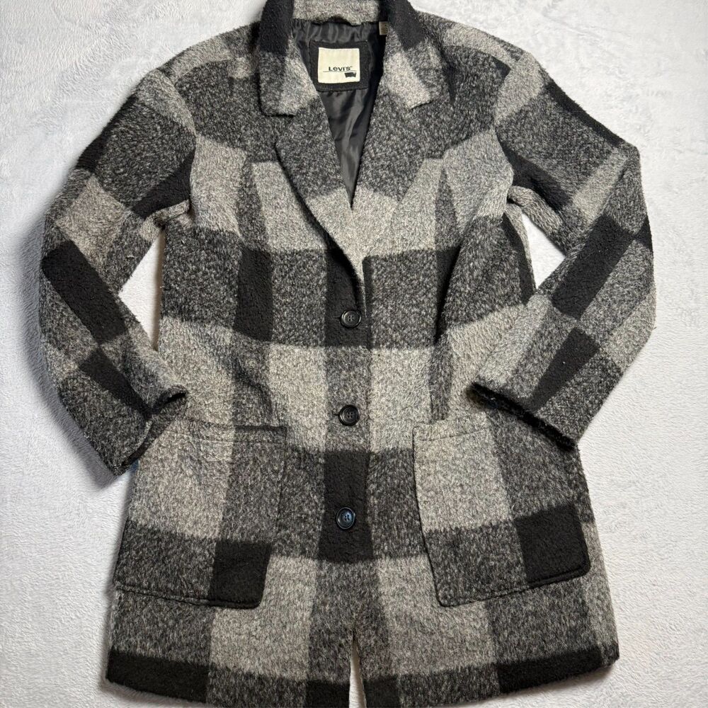 Levi Woman's Small Black White Check Lined Pockets Wool Blend Coatigan Jacket